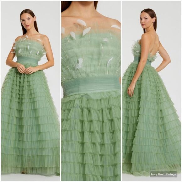 MAC DUGGAL 20530 Green Strapless Ruffle Gown with Feathers - Picture 1 of 12